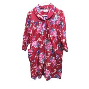 Vintage 70s Lady Manhattan Snap Front Cabbage Rose Fleece Robe Size XL